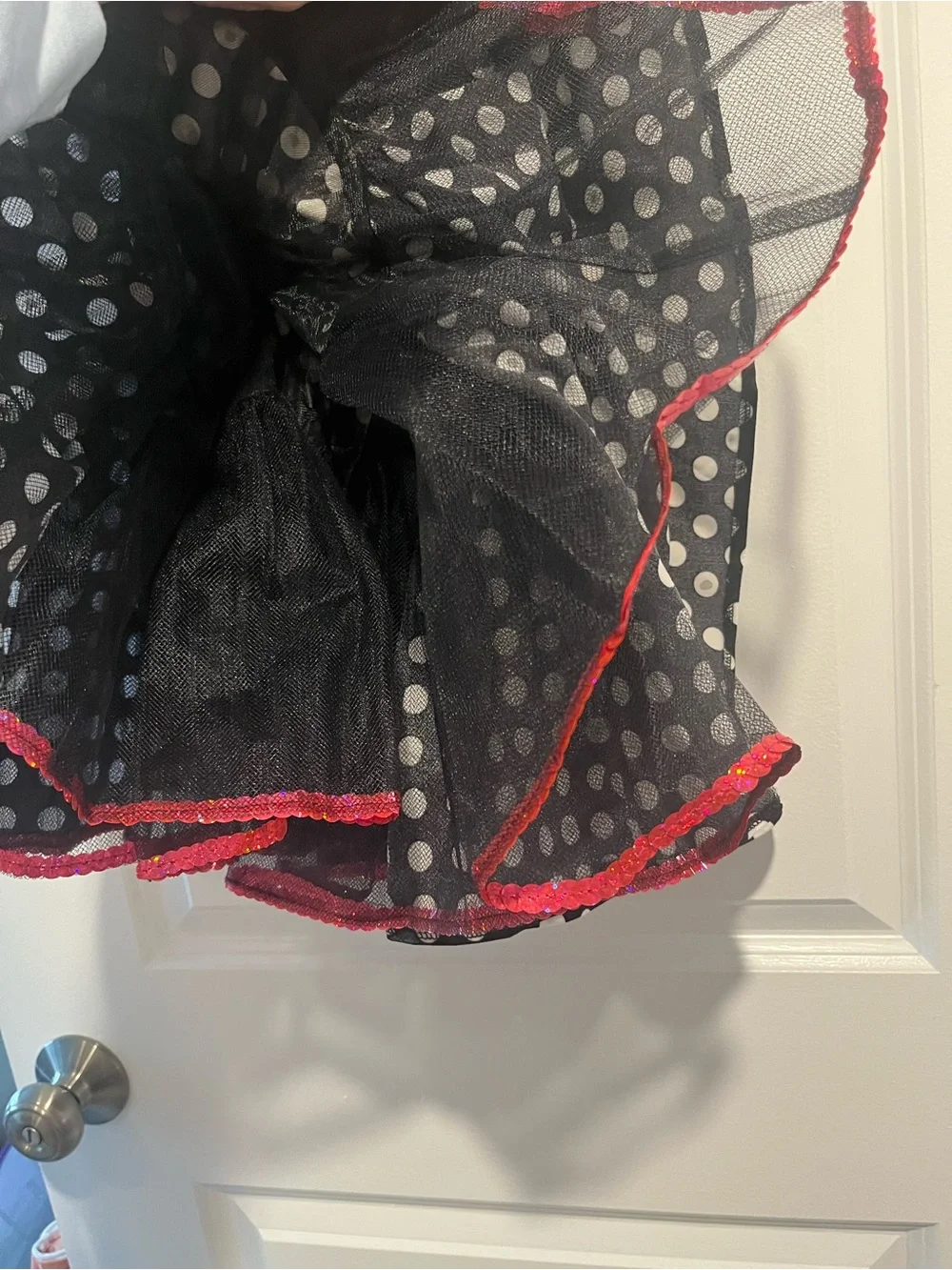 Girls Black and White Polka Dot Dance Costume with Fuchsia Flower Accent